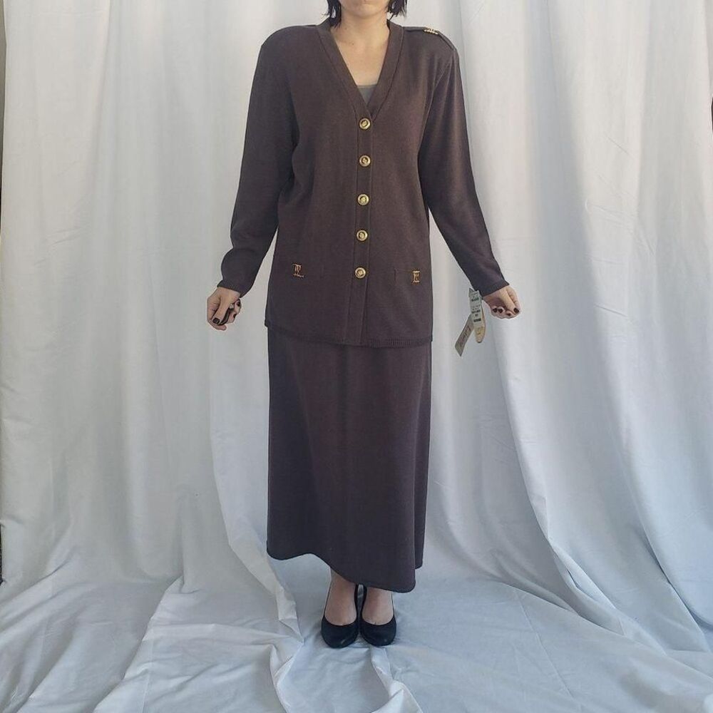 90s Deadstock Gray Knit‎ Skirt and Cardigan Set